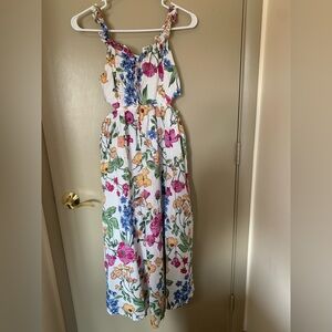 SO Women's Long Floral Print Cutout Sundress Cotton White/Multicolor, Size M